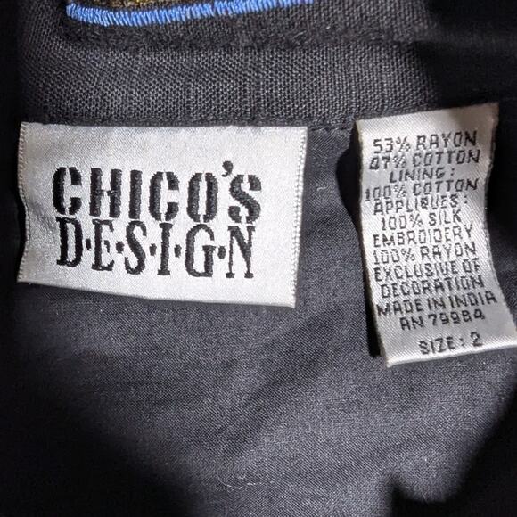 Vtg 1990s Chico's Black Blue Geometric Embroidered Button Up Collared Jacket 2 M - Picture 4 of 4